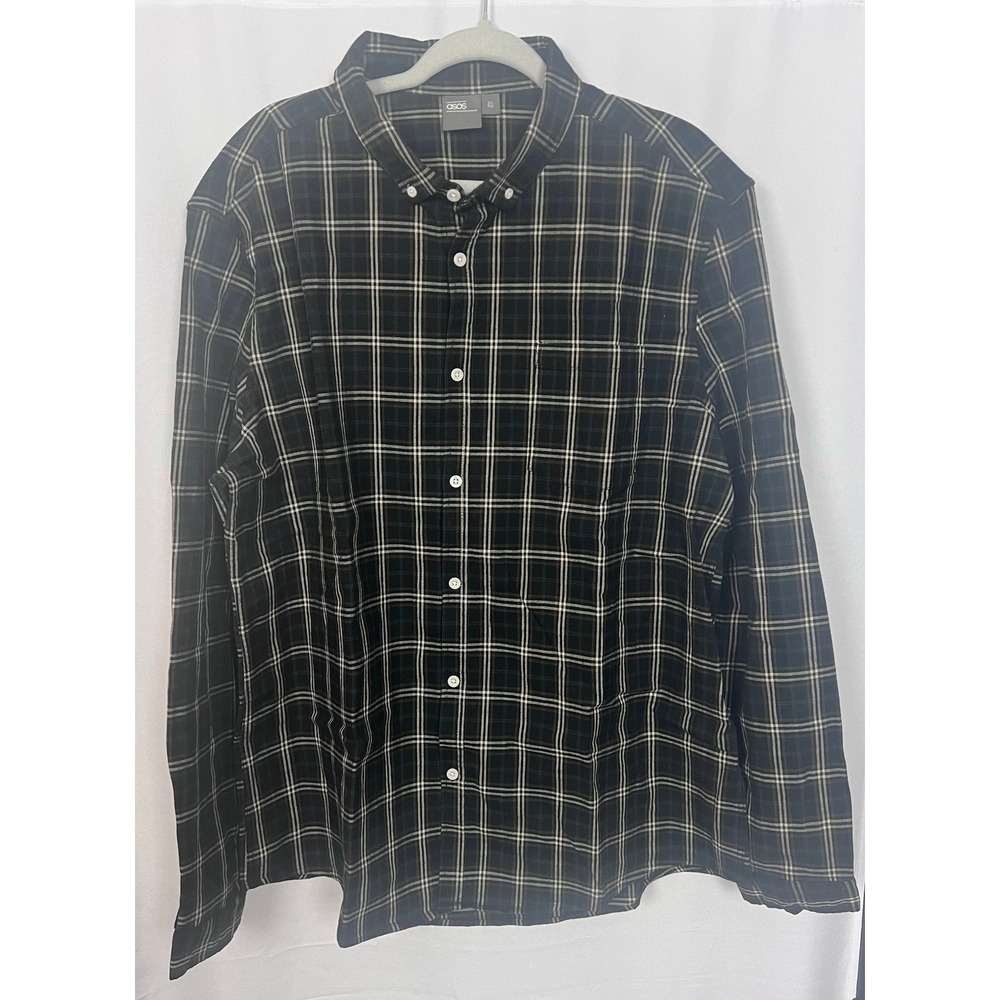 ASOS Mens 3XL Regular Plaid Button Down Shirt‎ Black Tan Long Sleeve Stretch